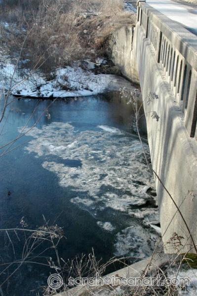 [JAN] "Gunk" frozen in ice sheet under bridge over Fall Brook Cr.
