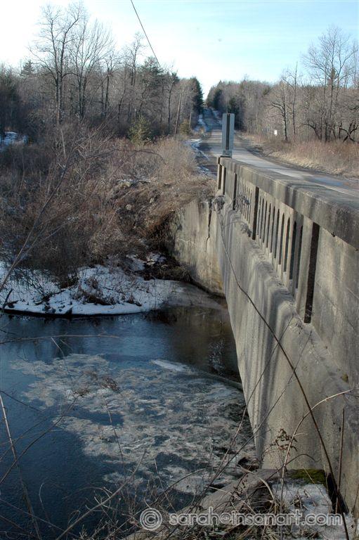 [JAN] "Gunk" frozen in ice sheet under bridge over Fall Brook Cr. (2)